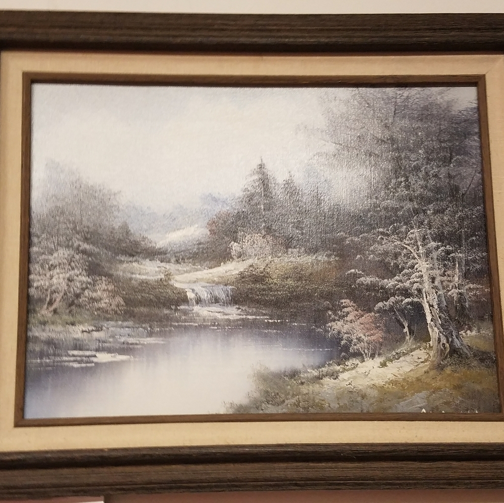 Wintertime River landscape painting Signed alman